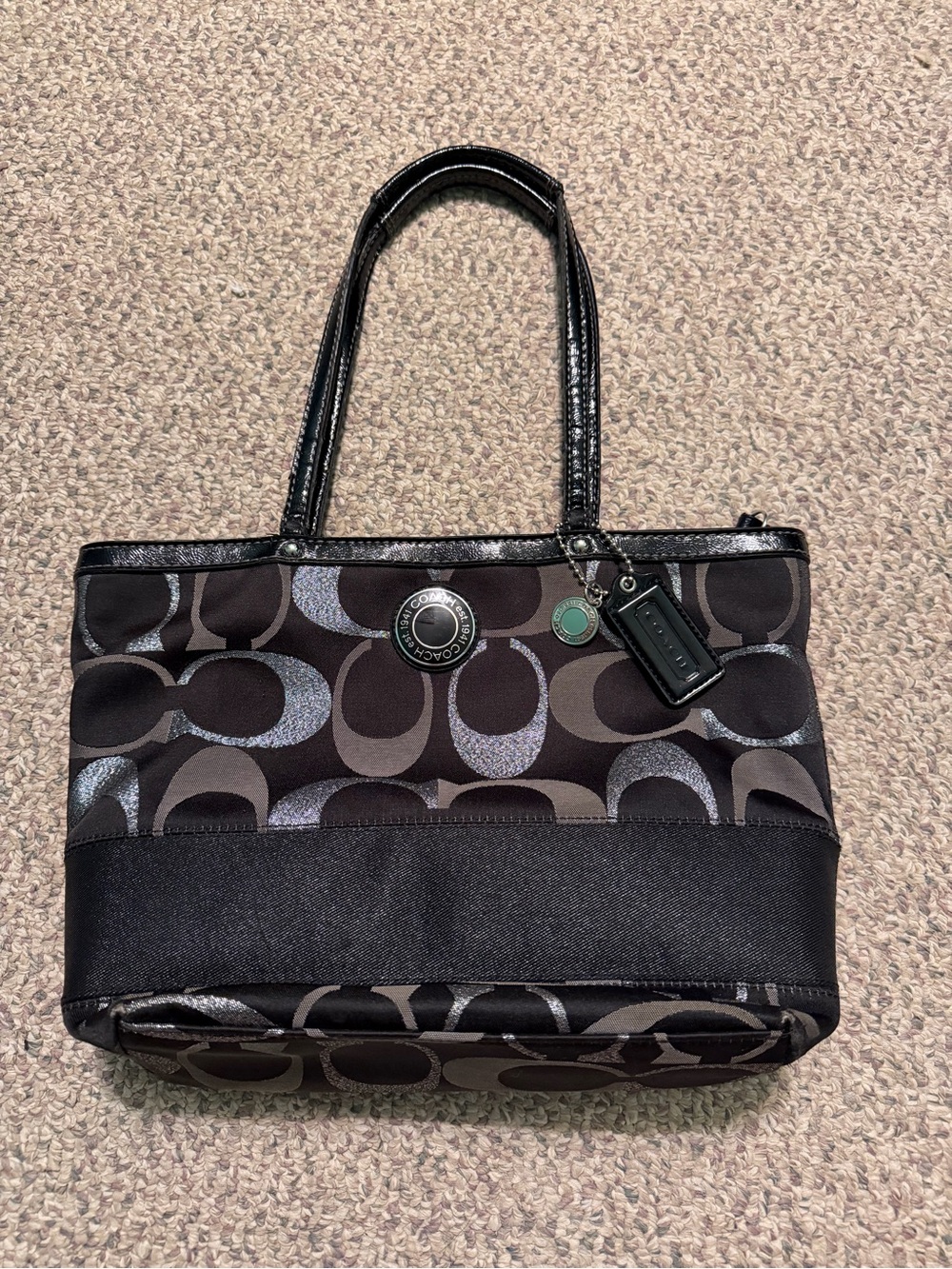 Coach Black and Charcoal Signature Tote with Leather Trim